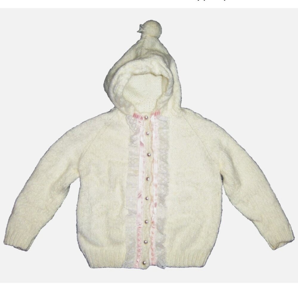 Vintage 80s Hand Knit Toddler Little Girl Hooded Cardigan Sweater Cream w/ Lace